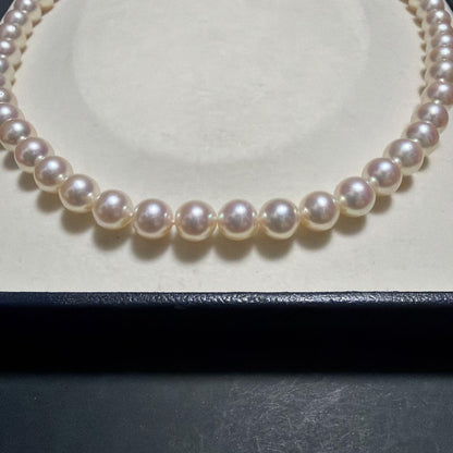 K14WG Akoya pearl necklace featuring 8.0mm pearls, 42 cm length, displayed on a white background