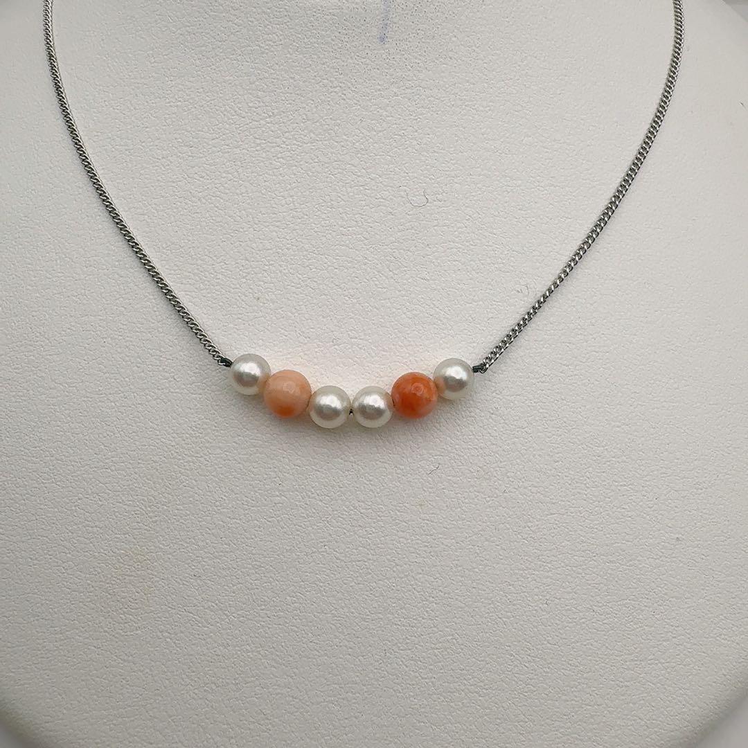 Mikimoto Coral Necklace with 5.5mm pearls, 6mm coral beads, and 37cm silver chain