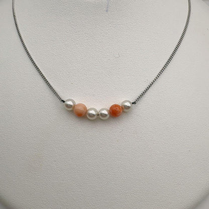 Mikimoto Coral Necklace with 5.5mm pearls, 6mm coral beads, and 37cm silver chain