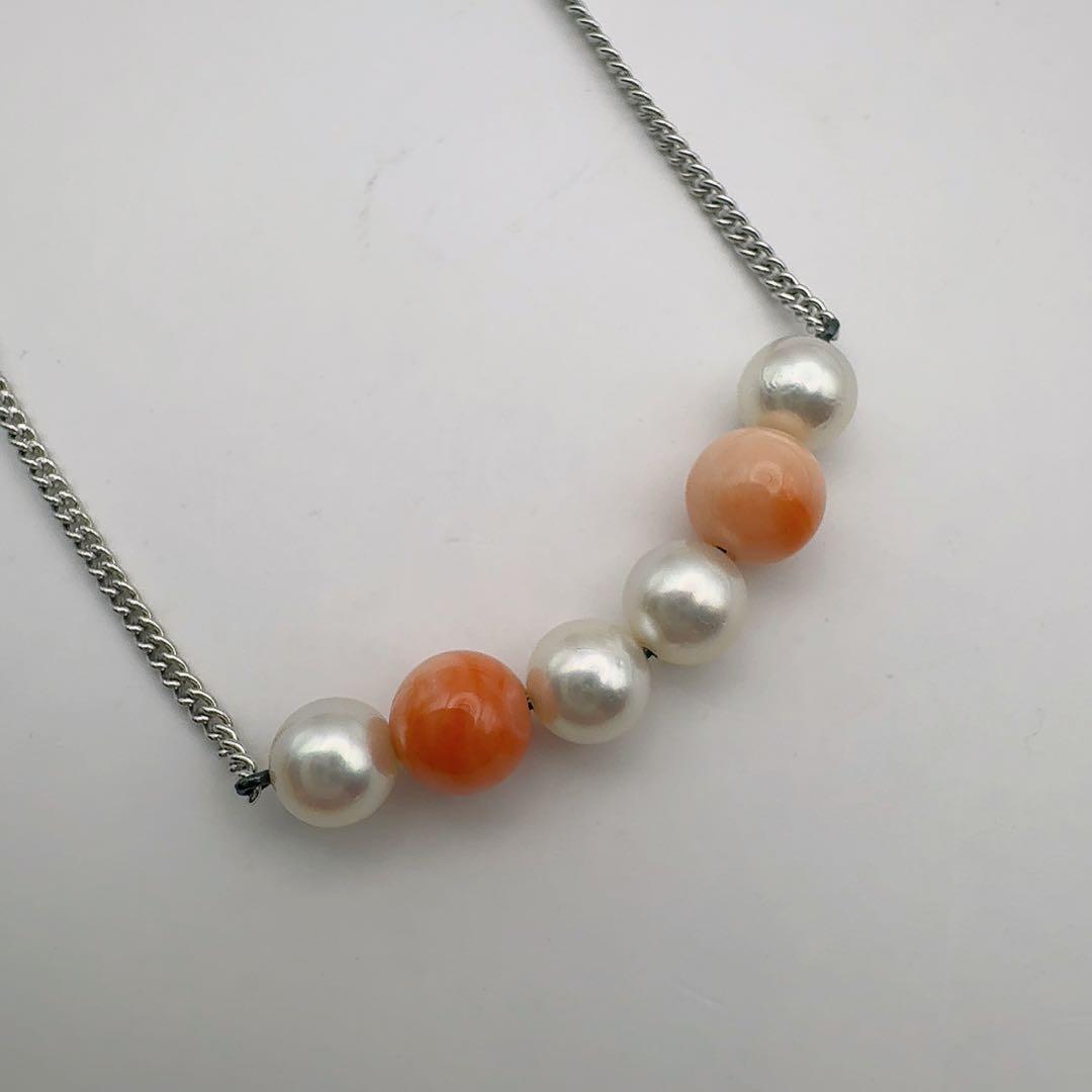 Mikimoto Coral Necklace with 5.5mm pearls, 6mm coral beads, and 37cm silver chain