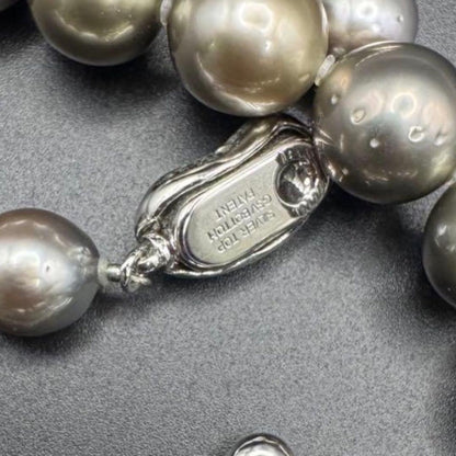 Tasaki Rakurie black pearl necklace with 3.7mm pearls and matching 6mm pearl earrings on sterling silver