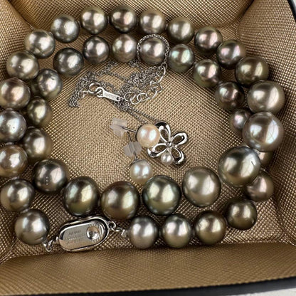 Tasaki Rakurie black pearl necklace with 3.7mm pearls and matching 6mm pearl earrings on sterling silver