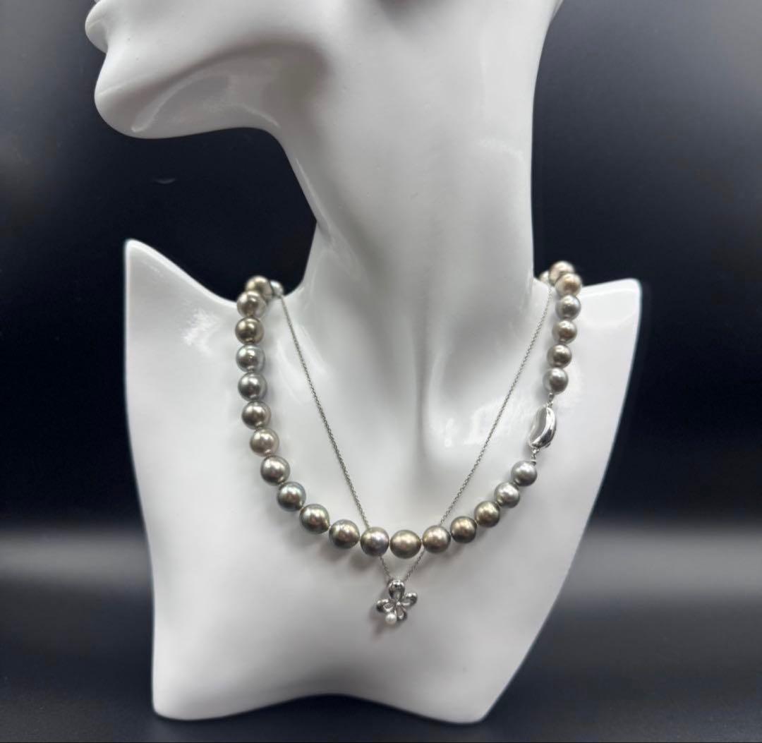 Tasaki Rakurie black pearl necklace with 3.7mm pearls and matching 6mm pearl earrings on sterling silver