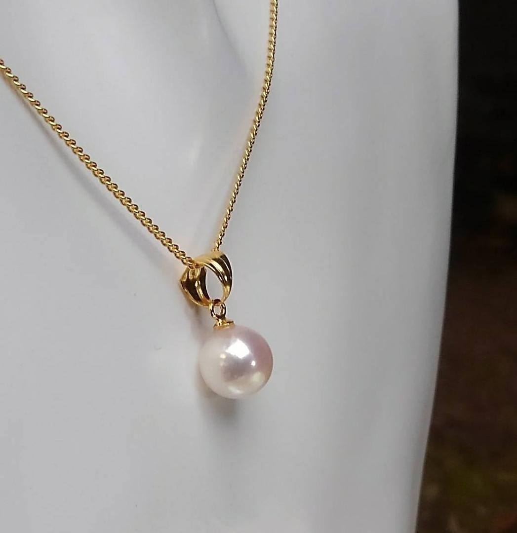 SV925 necklace with single round 8mm white pink Akoya pearl on gold color silver chain 40cm