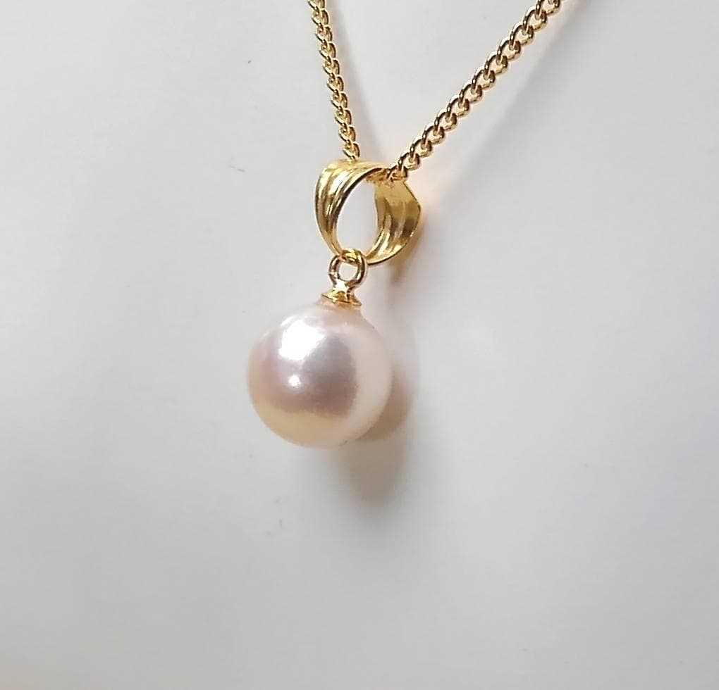 SV925 necklace with single round 8mm white pink Akoya pearl on gold color silver chain 40cm