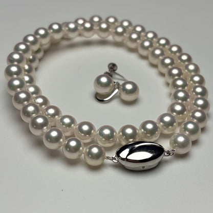 Flowershell Akoya Pearl Necklace with White Pink Tone Pearls and Matching Earrings on Silver Clasp