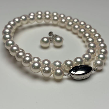 Flowershell Akoya Pearl Necklace with White Pink Tone Pearls and Matching Earrings on Silver Clasp