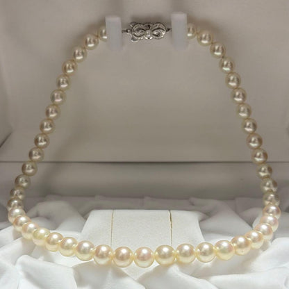 K14WG Mikimoto Akoya Pearl Necklace featuring 7.3-7.8mm high luster round pearls on a 37.5cm chain