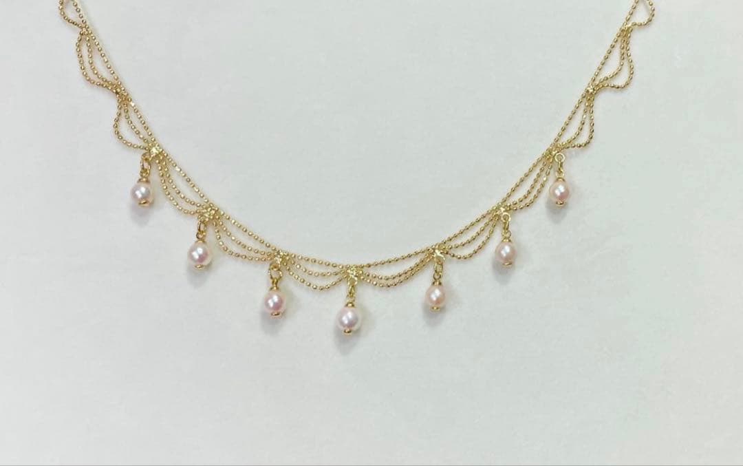 Akoya Pearl Pink Necklace featuring 7 pearls sized 5.5-6.5mm with high luster and brass K18 coated clasp
