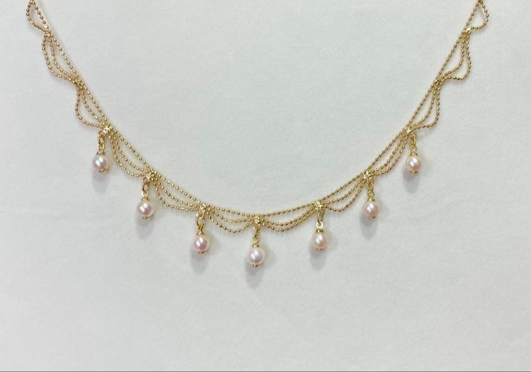 Akoya Pearl Pink Necklace featuring 7 pearls sized 5.5-6.5mm with high luster and brass K18 coated clasp