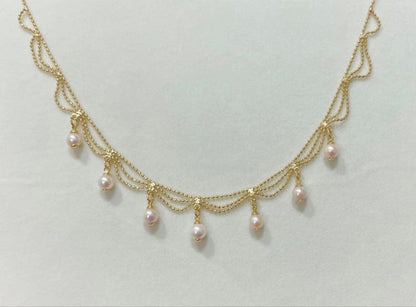 Akoya Pearl Pink Necklace featuring 7 pearls sized 5.5-6.5mm with high luster and brass K18 coated clasp