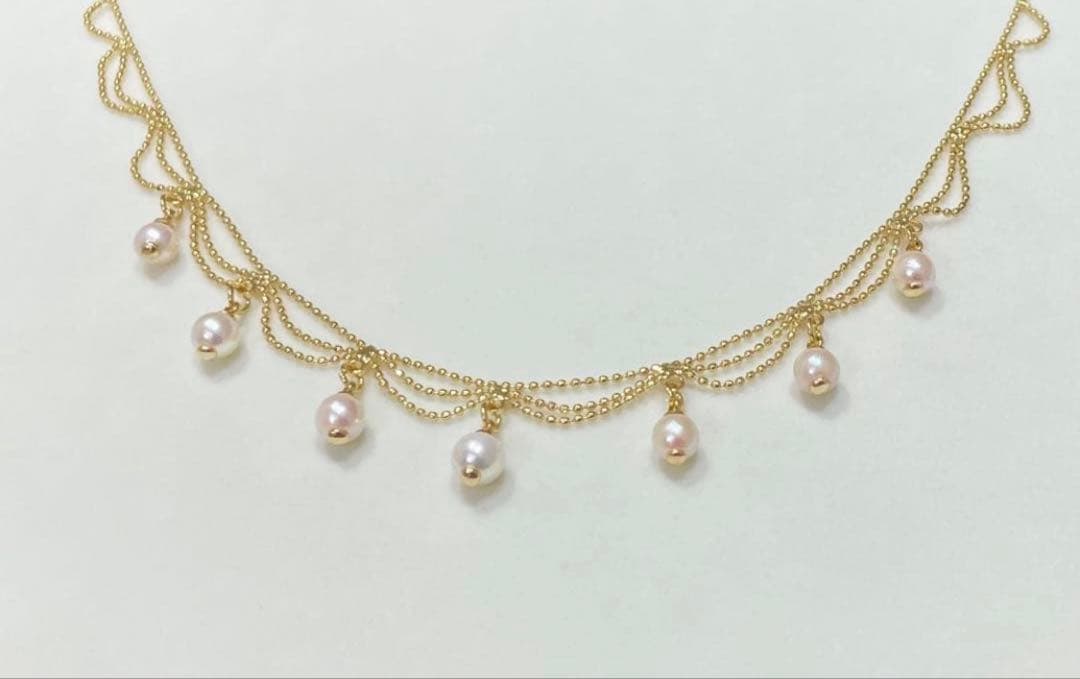Akoya Pearl Pink Necklace featuring 7 pearls sized 5.5-6.5mm with high luster and brass K18 coated clasp