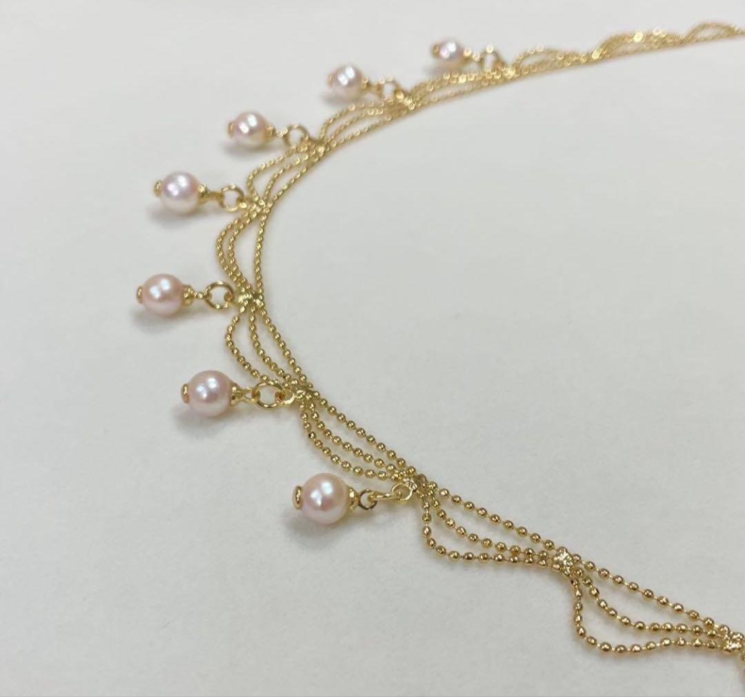Akoya Pearl Pink Necklace featuring 7 pearls sized 5.5-6.5mm with high luster and brass K18 coated clasp