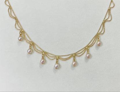 Akoya Pearl Pink Necklace featuring 7 pearls sized 5.5-6.5mm with high luster and brass K18 coated clasp