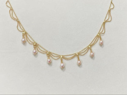 Akoya Pearl Pink Necklace featuring 7 pearls sized 5.5-6.5mm with high luster and brass K18 coated clasp