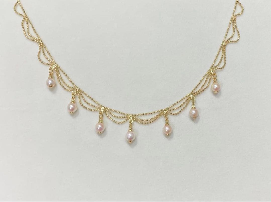 Akoya Pearl Pink Necklace featuring 7 pearls sized 5.5-6.5mm with high luster and brass K18 coated clasp
