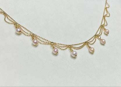 Akoya Pearl Pink Necklace featuring 7 pearls sized 5.5-6.5mm with high luster and brass K18 coated clasp