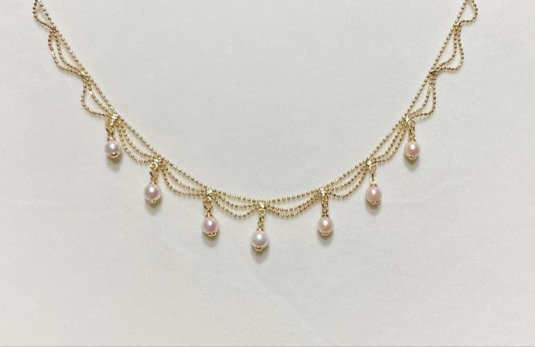 Akoya Pearl Pink Necklace featuring 7 pearls sized 5.5-6.5mm with high luster and brass K18 coated clasp