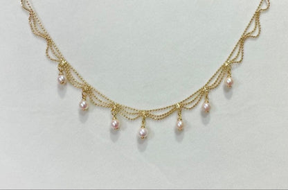 Akoya Pearl Pink Necklace featuring 7 pearls sized 5.5-6.5mm with high luster and brass K18 coated clasp