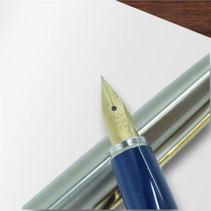 Pilot U fountain pen with 14K-585 fine tip in silver and gold color displayed with genuine case