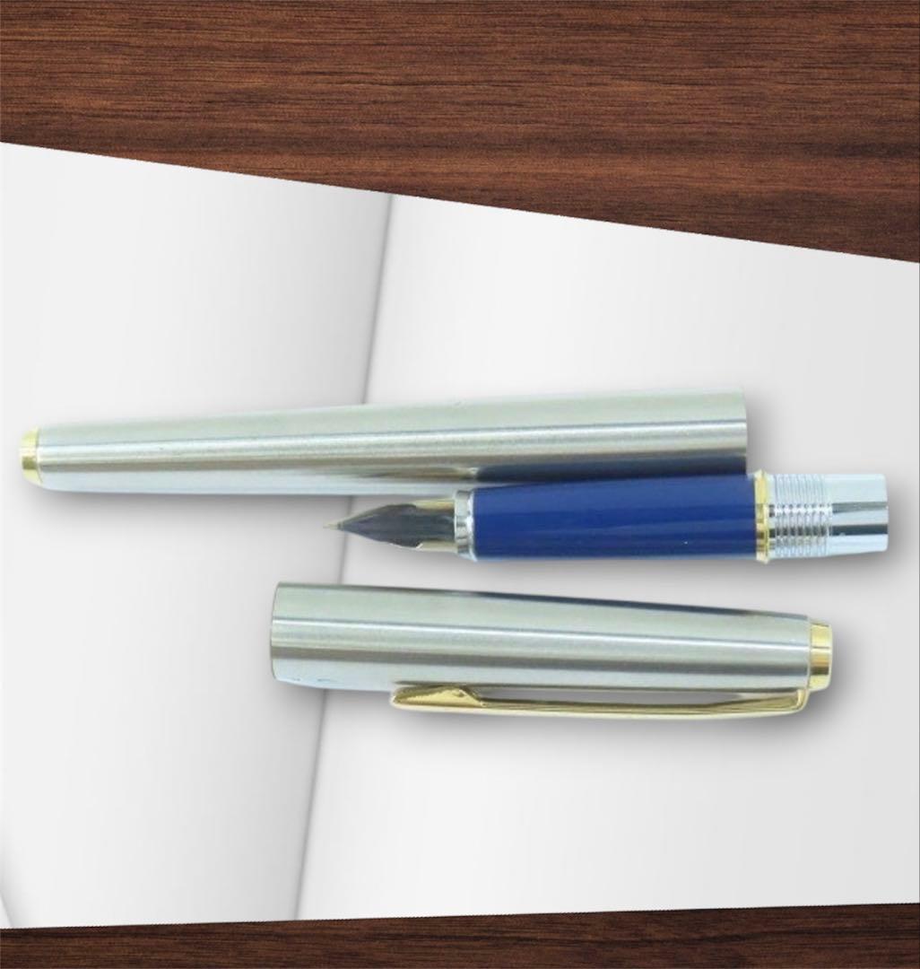 Pilot U fountain pen with 14K-585 fine tip in silver and gold color displayed with genuine case