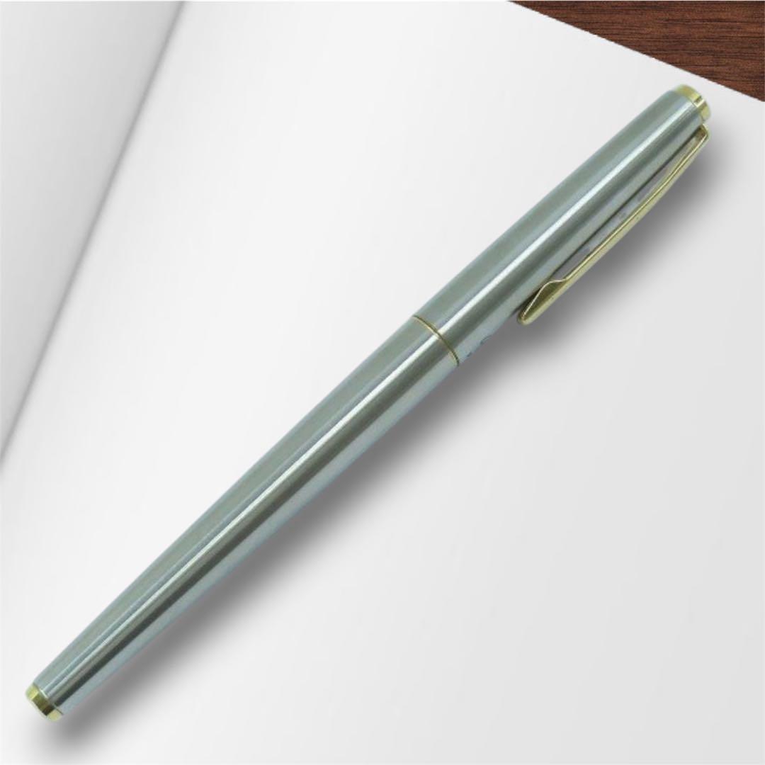 Pilot U fountain pen with 14K-585 fine tip in silver and gold color displayed with genuine case