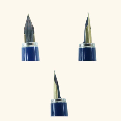 Pilot U fountain pen with 14K-585 fine tip in silver and gold color displayed with genuine case