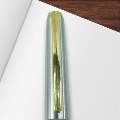 Pilot U fountain pen with 14K-585 fine tip in silver and gold color displayed with genuine case