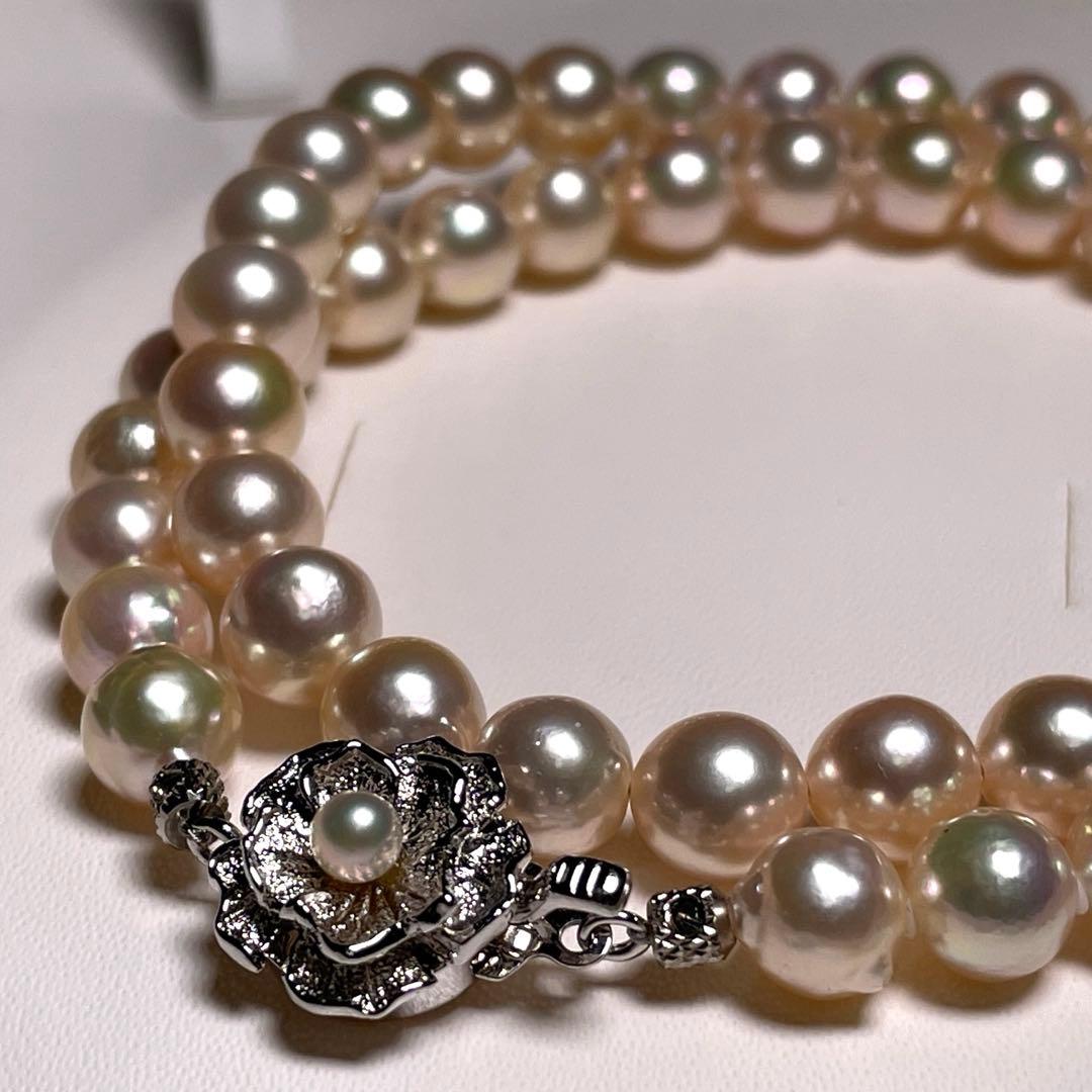 Akoya Pearl Large Round Hanadama Class Teri Coated Necklace with 7.4-8.0mm white semi-round pearls on silver chain