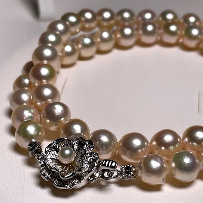 Akoya Pearl Large Round Hanadama Class Teri Coated Necklace with 7.4-8.0mm white semi-round pearls on silver chain