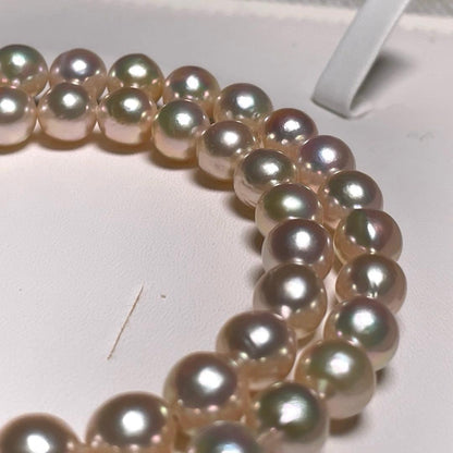 Akoya Pearl Large Round Hanadama Class Teri Coated Necklace with 7.4-8.0mm white semi-round pearls on silver chain