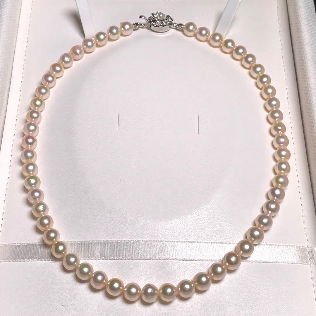 Akoya Pearl Large Round Hanadama Class Teri Coated Necklace with 7.4-8.0mm white semi-round pearls on silver chain