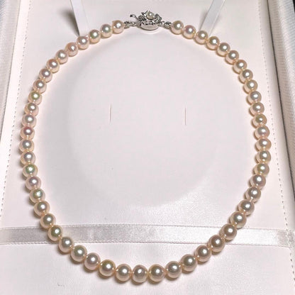 Akoya Pearl Large Round Hanadama Class Teri Coated Necklace with 7.4-8.0mm white semi-round pearls on silver chain