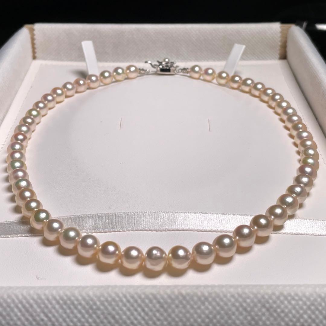 Akoya Pearl Large Round Hanadama Class Teri Coated Necklace with 7.4-8.0mm white semi-round pearls on silver chain