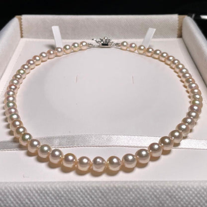 Akoya Pearl Large Round Hanadama Class Teri Coated Necklace with 7.4-8.0mm white semi-round pearls on silver chain