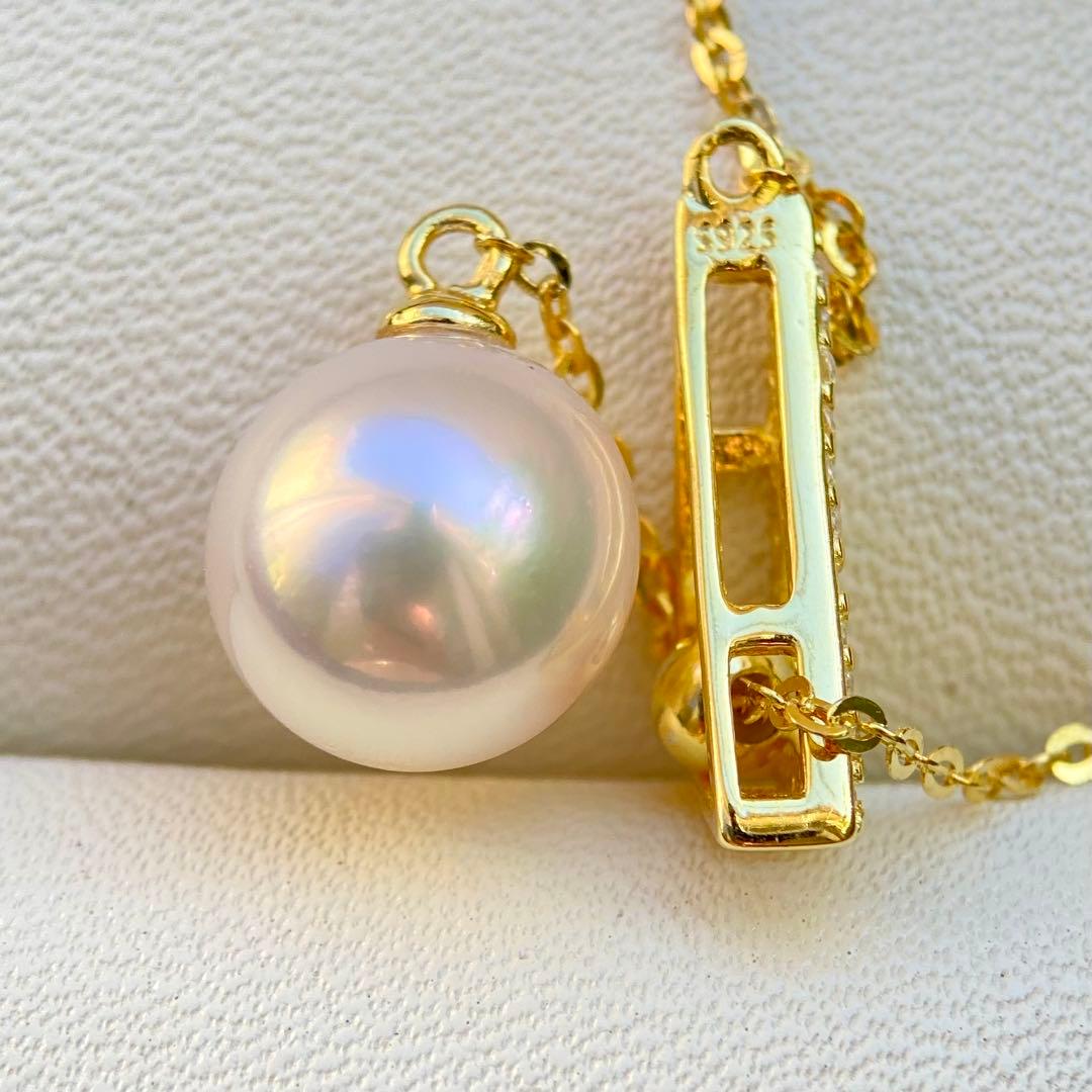 Hon-American Pearl Akoya 8.9mm white pink semi-round pearl necklace with S925 18k finish and cubic zirconia stones