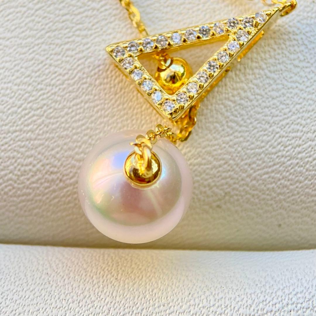 Hon-American Pearl Akoya 8.9mm white pink semi-round pearl necklace with S925 18k finish and cubic zirconia stones