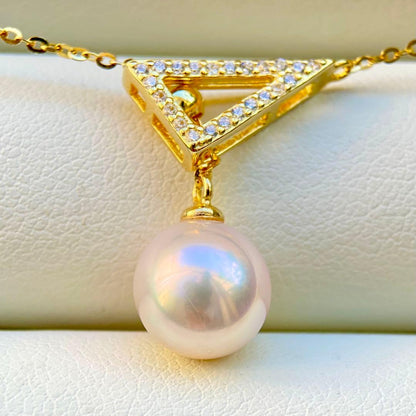 Hon-American Pearl Akoya 8.9mm white pink semi-round pearl necklace with S925 18k finish and cubic zirconia stones