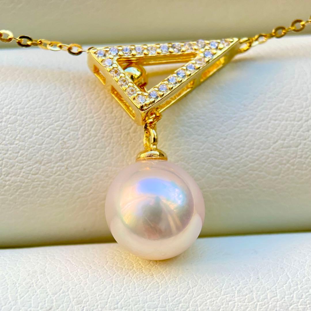 Hon-American Pearl Akoya 8.9mm white pink semi-round pearl necklace with S925 18k finish and cubic zirconia stones