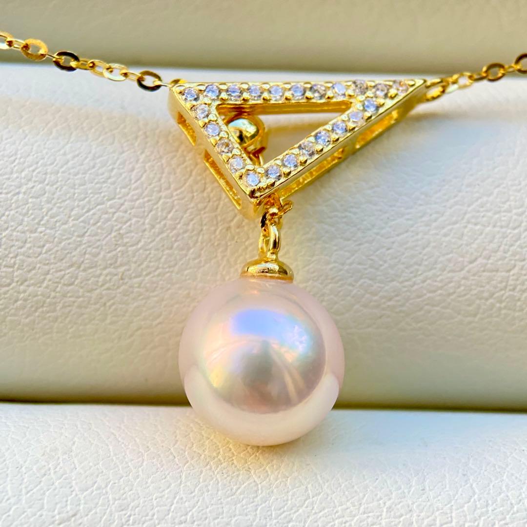 Hon-American Pearl Akoya 8.9mm white pink semi-round pearl necklace with S925 18k finish and cubic zirconia stones