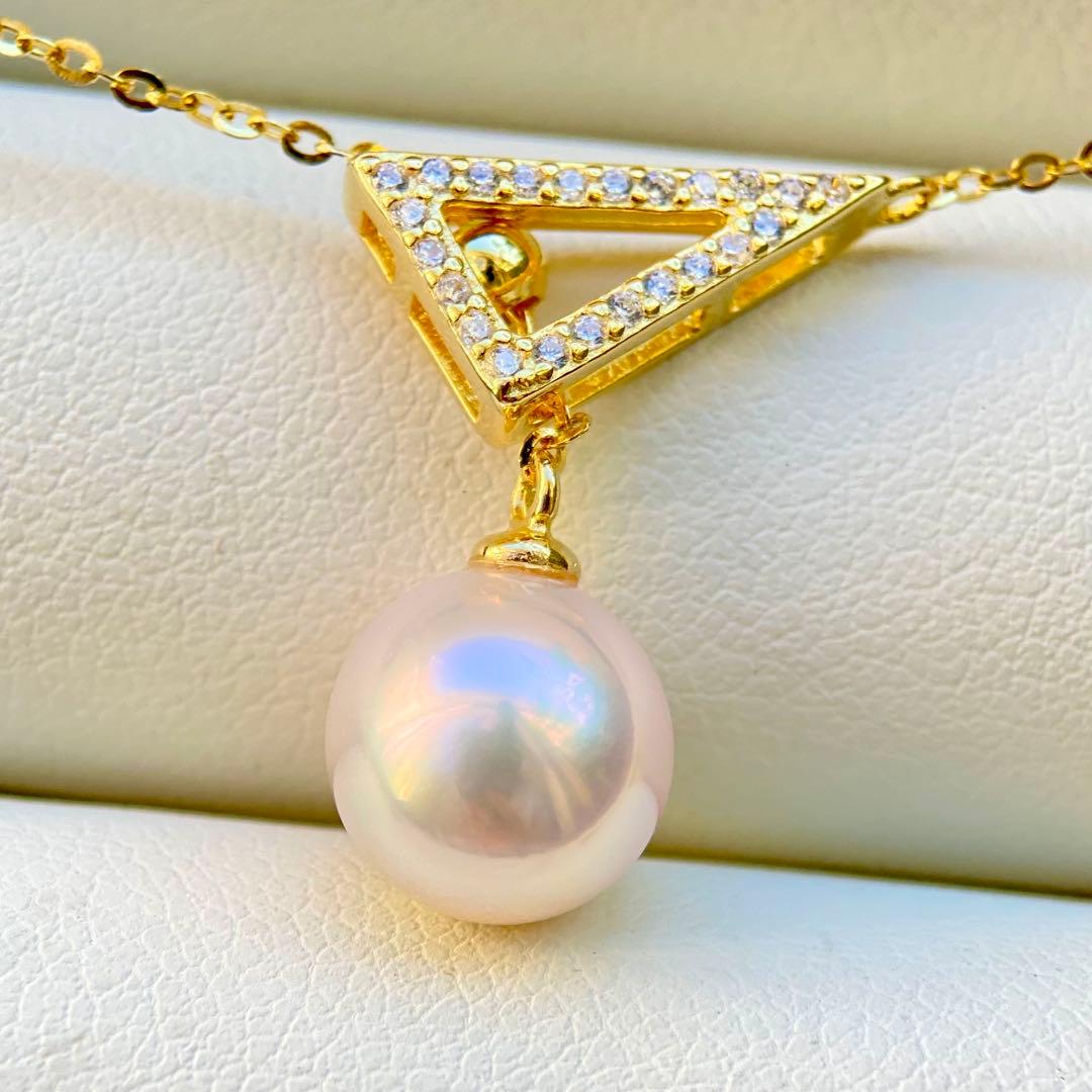 Hon-American Pearl Akoya 8.9mm white pink semi-round pearl necklace with S925 18k finish and cubic zirconia stones