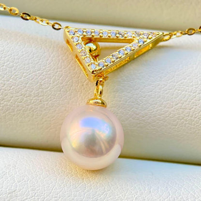 Hon-American Pearl Akoya 8.9mm white pink semi-round pearl necklace with S925 18k finish and cubic zirconia stones