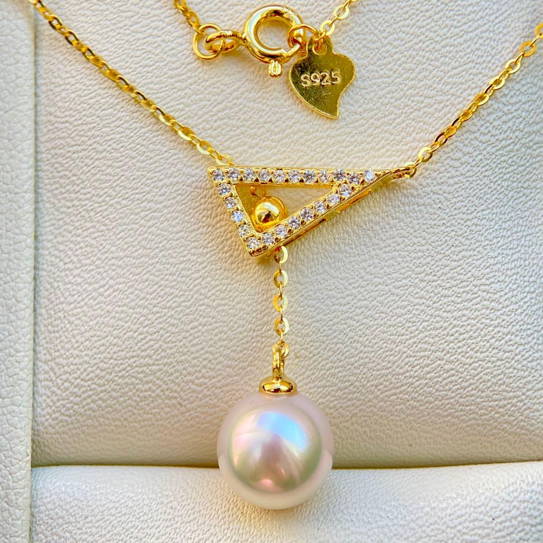 Hon-American Pearl Akoya 8.9mm white pink semi-round pearl necklace with S925 18k finish and cubic zirconia stones