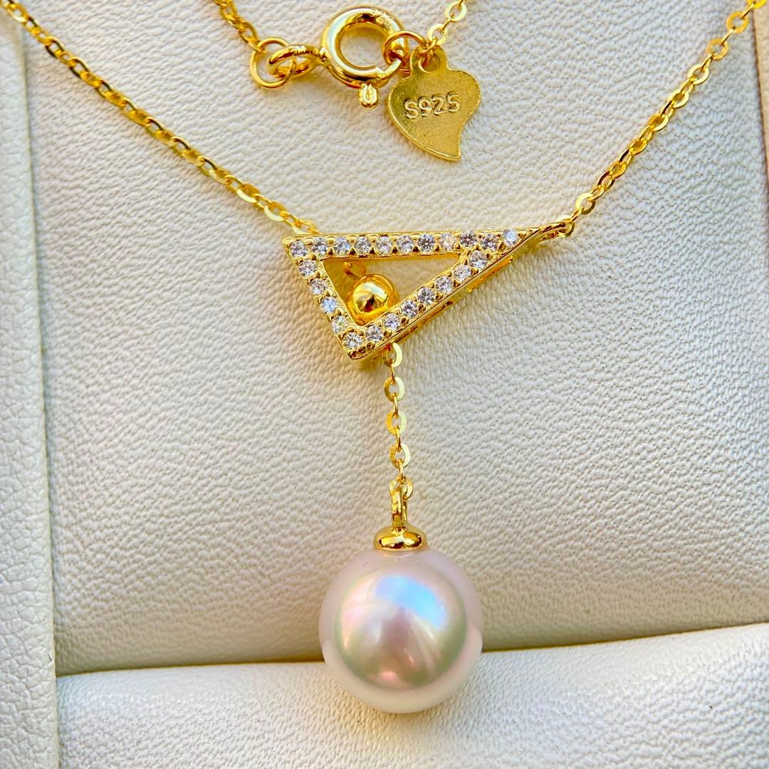 Hon-American Pearl Akoya 8.9mm white pink semi-round pearl necklace with S925 18k finish and cubic zirconia stones