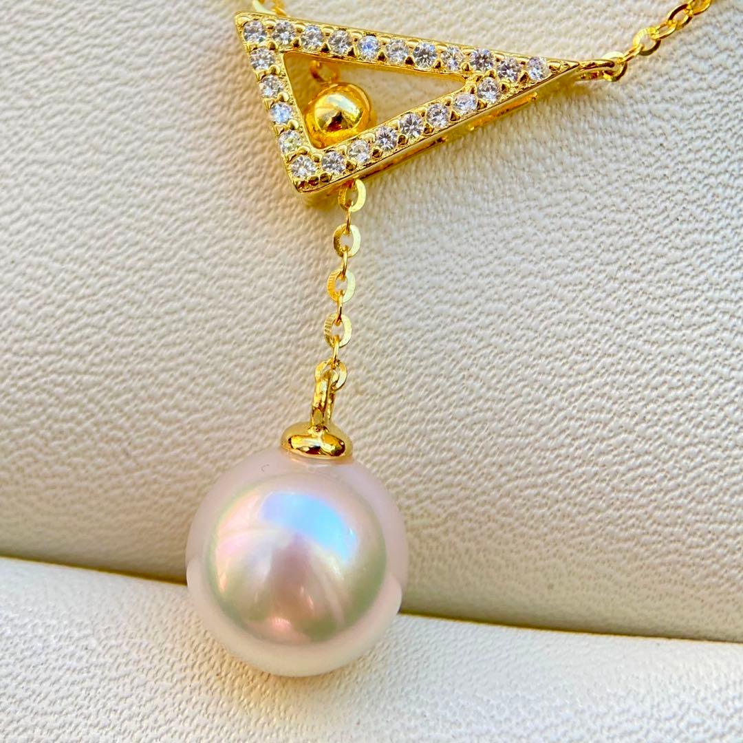 Hon-American Pearl Akoya 8.9mm white pink semi-round pearl necklace with S925 18k finish and cubic zirconia stones