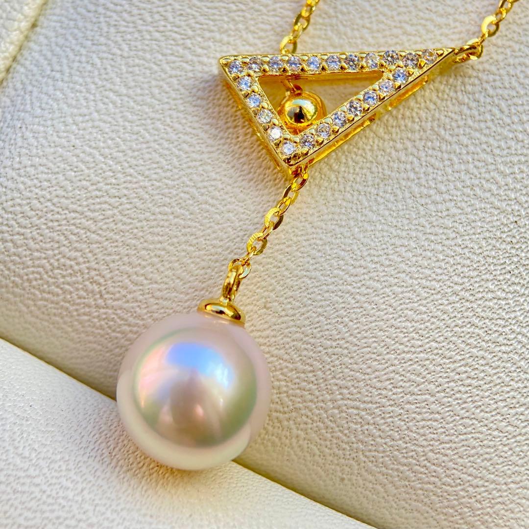 Hon-American Pearl Akoya 8.9mm white pink semi-round pearl necklace with S925 18k finish and cubic zirconia stones
