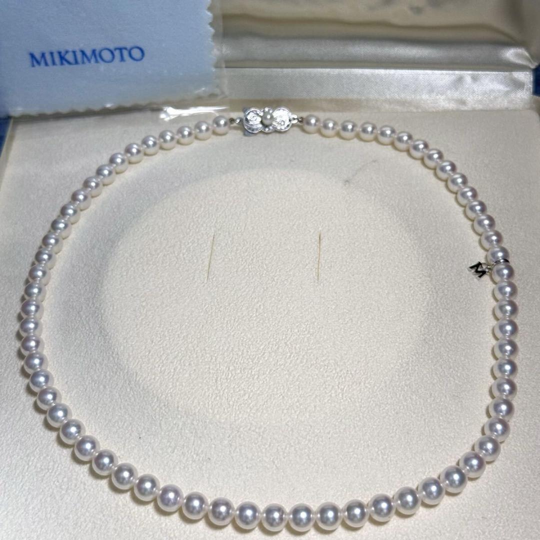 Mikimoto Akoya Pearl M Charm Necklace with 6.5mm pearl pendant and 44cm chain displayed with box
