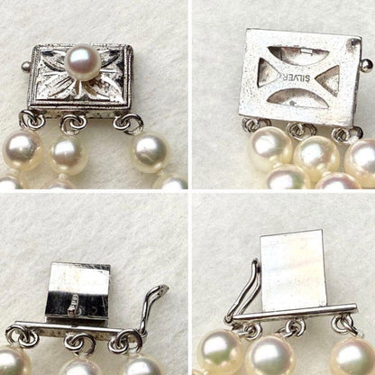 3-strand Akoya pearl bracelet with 5-5.5mm white to light pink pearls and silver clasp