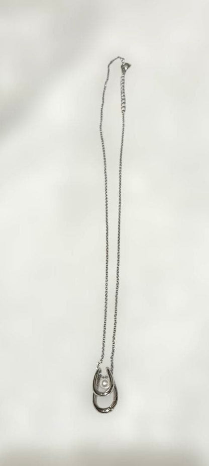 TASAKI silver necklace with a 1 pearl drop pendant and double loop chain, pendant size 1.85 cm by 1 cm