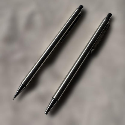 Silver Pilot mechanical pencil and ballpoint pen set made of stainless steel with instruction manual